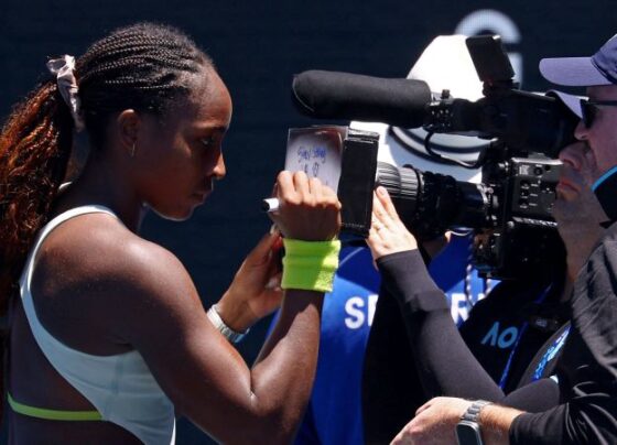 A message of support from Gauff for firefighters battling wildfires in Los Angeles is seen following her victory over fellow American Sofia Kenin.