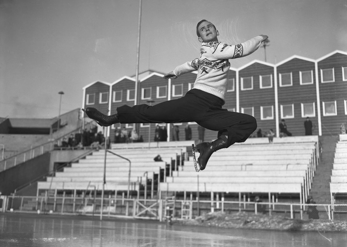 Dick Button warms up before successfully defending his Olympic title at the 1952 Winter Games.