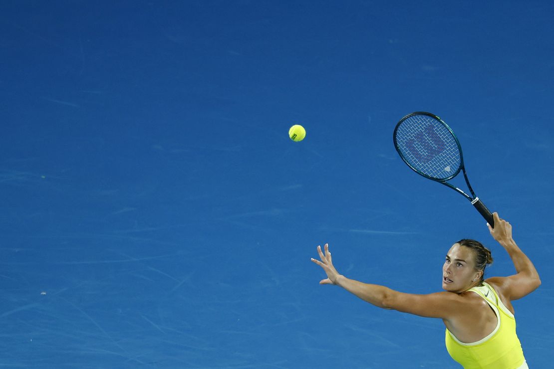 Sabalenka plays a shot against Paula Badosa.