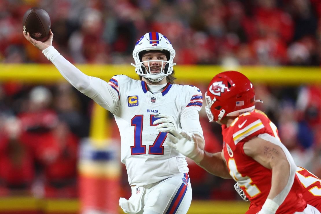 Buffalo Bills quarterback Josh Allen (No. 17) drops back to pass against the Kansas City Chiefs during the first half in the AFC Championship.