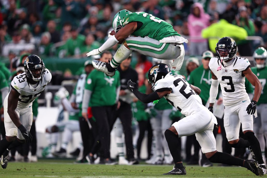 Barkley's reverse no-look hurdle against the Jaguars was one of his highlight plays from his excellent first season in Philadelphia.