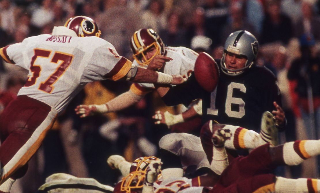 The then-Los Angeles Raiders defeated the then-Washington Redskins 38-9 in Super Bowl XVIII.