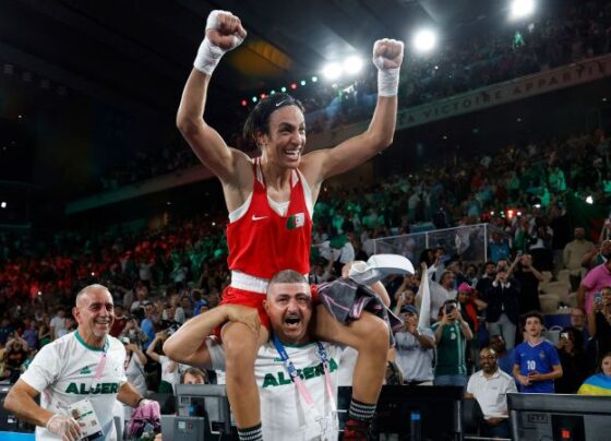 Khelif (left) in action at the Olympics in Paris.