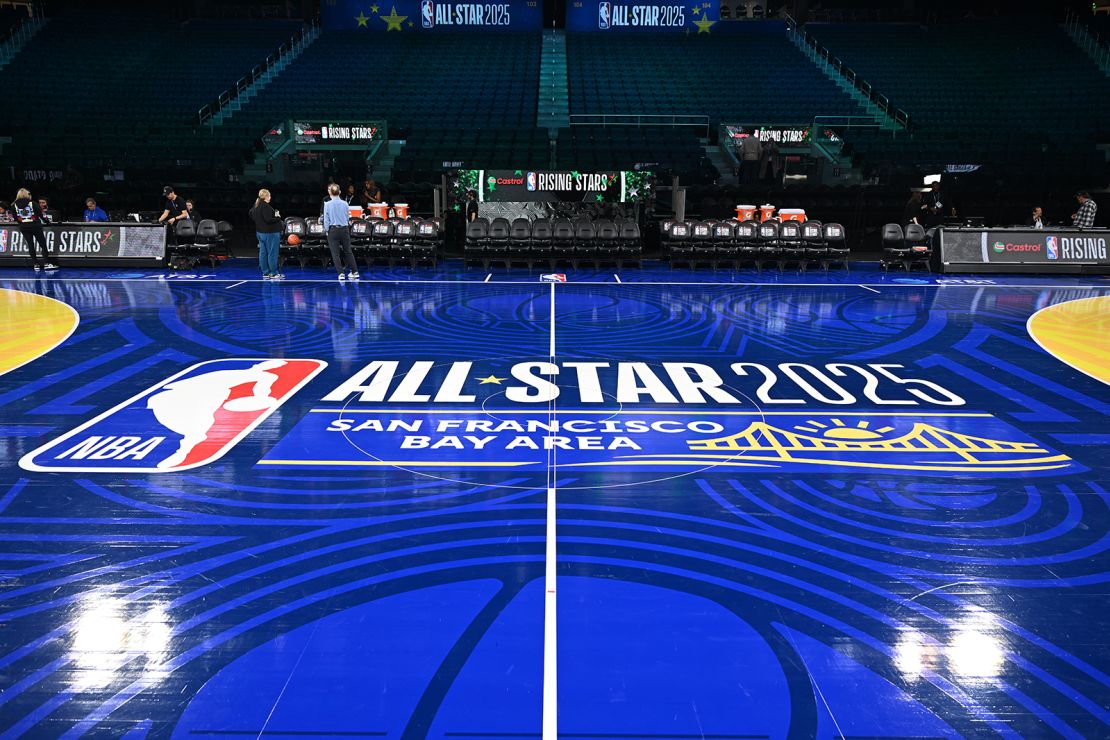 A view of the Golden State Warriors basketball court at Chase Center for the 2025 NBA All-Star weekend in San Francisco, California.