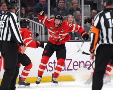 Brady Tkachuk #7 of Team United States celebrates after scoring a goal against Jordan Binnington #50 of Team Canada during the first period in the NHL 4 Nations Face-Off Championship Game.