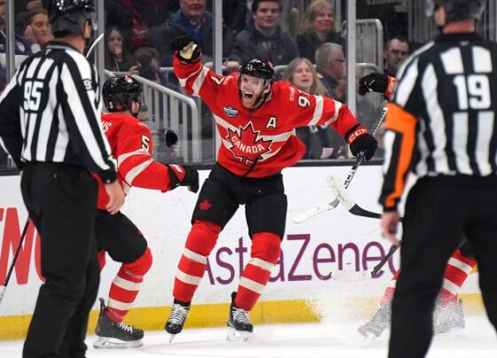 Brady Tkachuk #7 of Team United States celebrates after scoring a goal against Jordan Binnington #50 of Team Canada during the first period in the NHL 4 Nations Face-Off Championship Game.