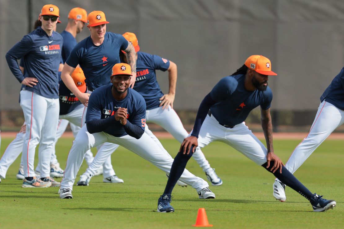 Feb 14, 2025; West Palm Beach, FL, USA; Houston Astros starting pitcher Ronel Blanco (56) stretches on the field during spring spring at CACTI Park of the Palm Beaches. Mandatory Credit: Sam Navarro-Imagn Images