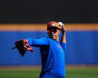 PORT ST. LUCIE, FLORIDA - FEBRUARY 17: Juan Soto #22 of the New York Mets warms up during spring training workouts at Clover Park on February 17, 2025 in Port St. Lucie, Florida. (Photo by Rich Storry/Getty Images)