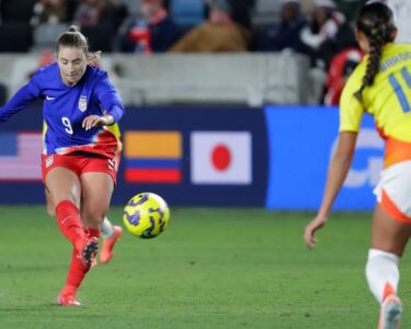 Catarina Macario celebrates the USWNT's first goal against Colombia.