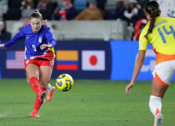 Catarina Macario celebrates the USWNT's first goal against Colombia.