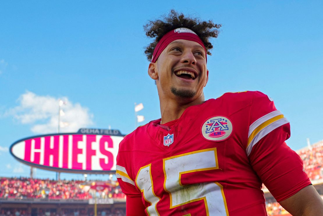 Kansas City Chiefs quarterback Patrick Mahomes celebrates after defeating the Denver Broncos at GEHA Field at Arrowhead Stadium.