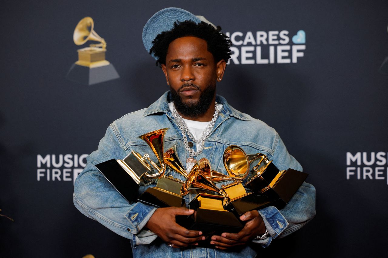 Kendrick Lamar, winner of the record of the year, best rap performance, best rap song, best music video and song of the year awards, poses in the press room during the 67th Grammy Awards in Los Angeles last Sunday.