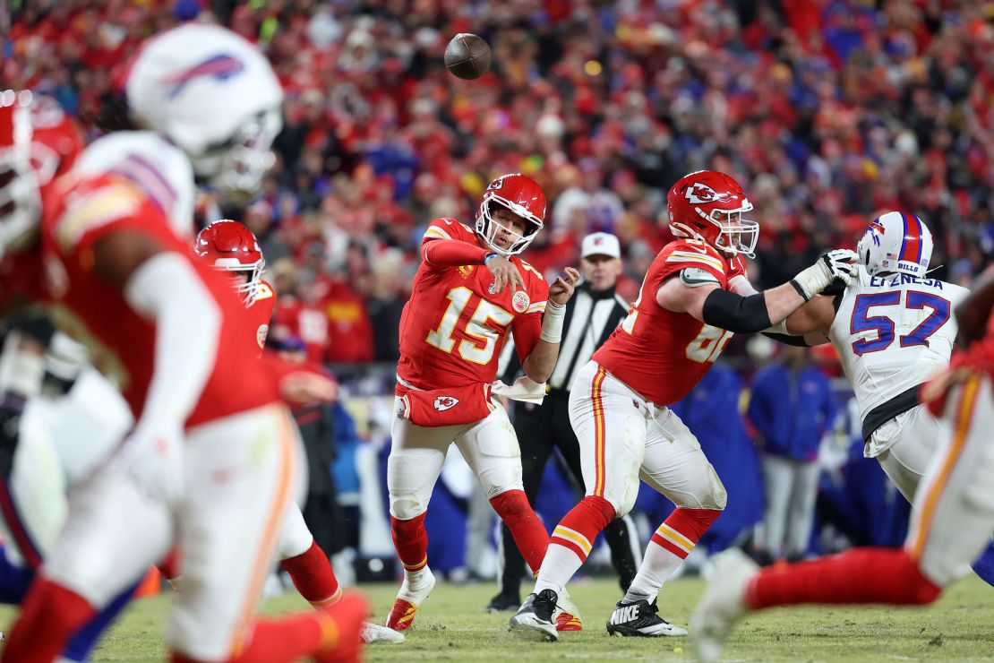 Mahomes had a solid game in the AFC Championship against the Buffalo Bills, throwing 18-of-26 for 245 yards and a touchdown, while rushing 11 times for 43 yards and two TDs.