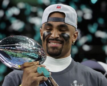 Hurts celebrates after defeating the Kansas City Chiefs in Super Bowl LIX at the Superdome.