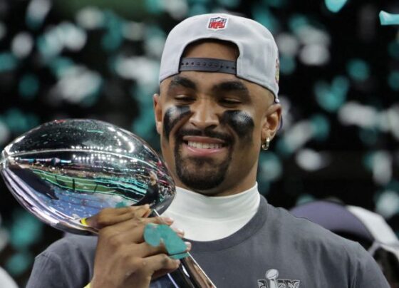 Hurts celebrates after defeating the Kansas City Chiefs in Super Bowl LIX at the Superdome.