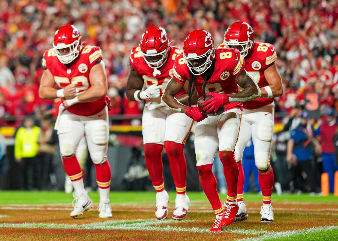 Kansas City Chiefs wide receiver DeAndre Hopkins (No. 8) celebrates a touchdown with his teammates during a game against the Tampa Bay Buccaneers in Kansas City, Missouri, on November 4.