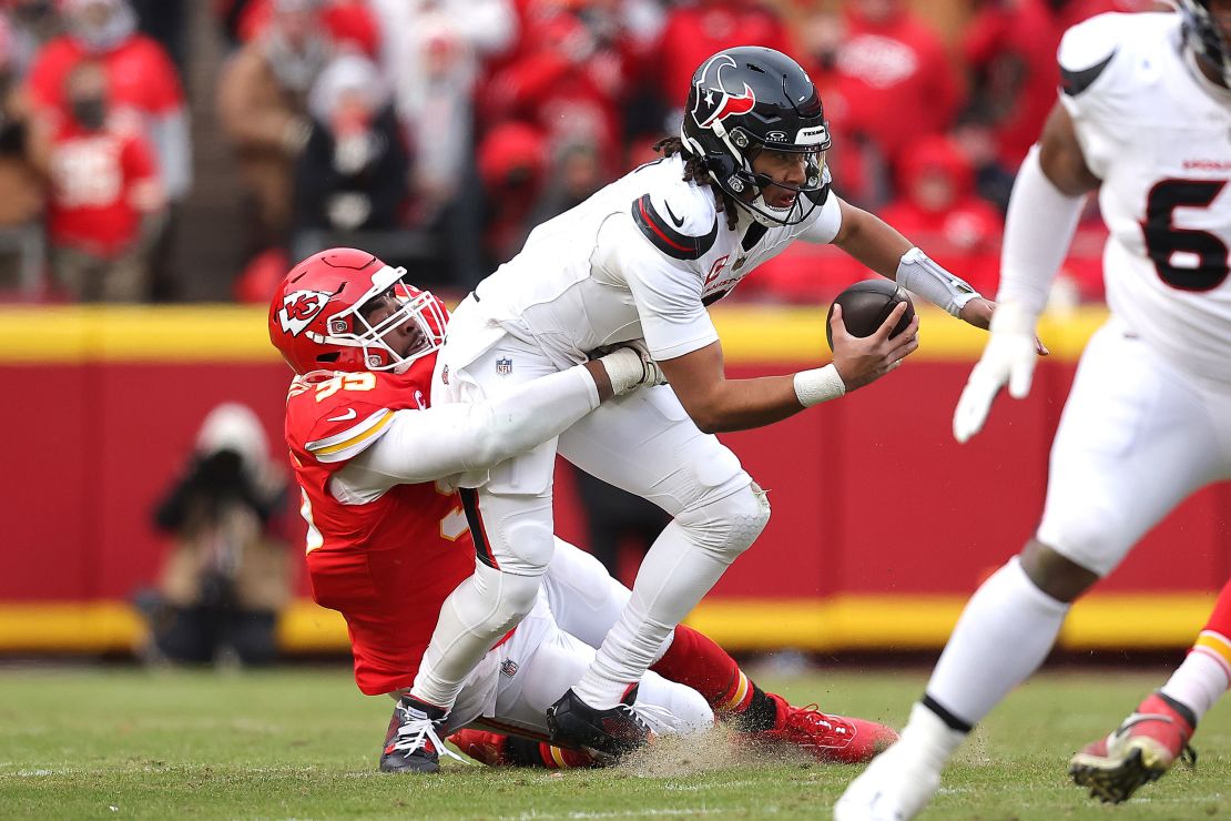 Kansas City's Chris Jones sacks Texans QB CJ Stroud during the AFC Divisional Playoff.